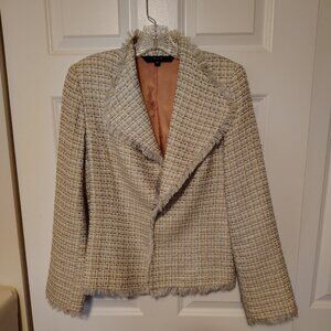 VTG S&D Cream Checked Plaid Cream Tweed Blazer with Fringe Accents